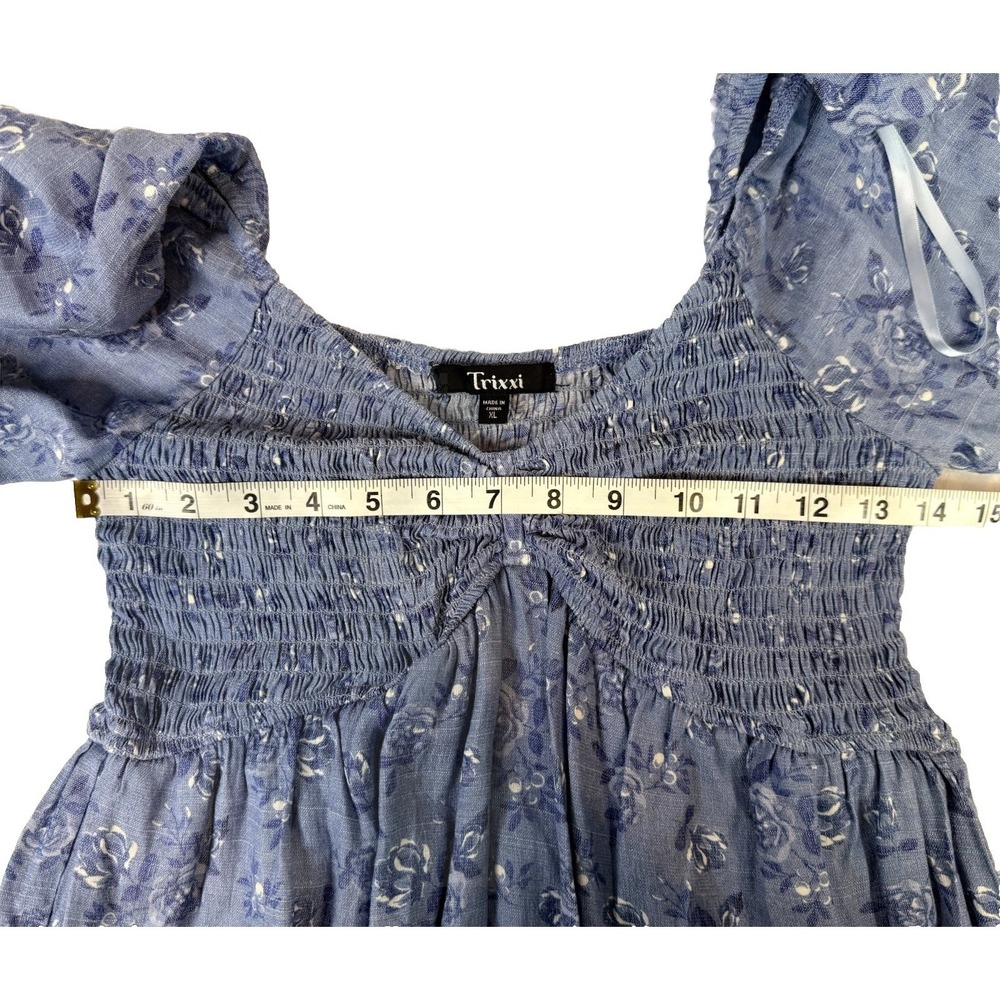 Trixxi Women's Blue White Floral Puffed Long Sleeve V-Neck‎ Mini Dress Size L - Picture 7 of 9